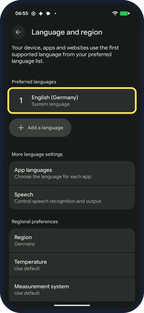 Android screenshot: Check Preferred languages