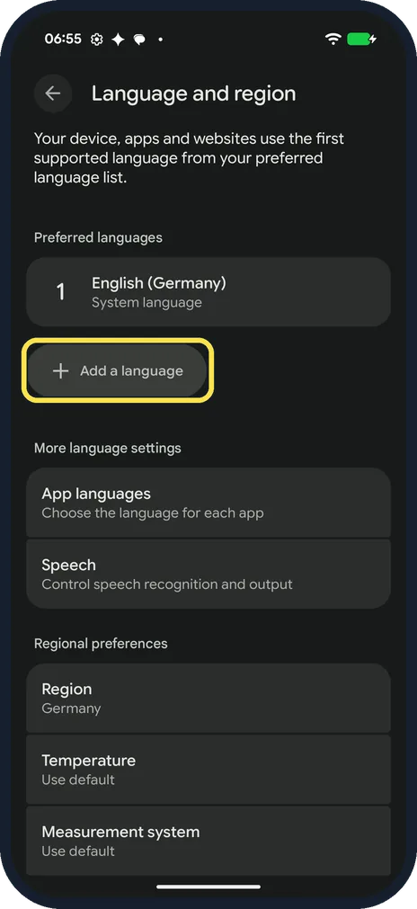 Android screenshot: Tap Add a language