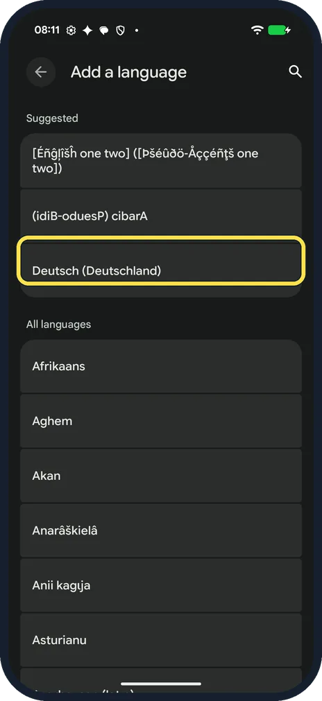 Android screenshot: Pick your language