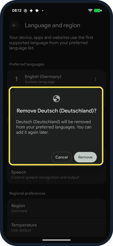 Android screenshot: Remove a language