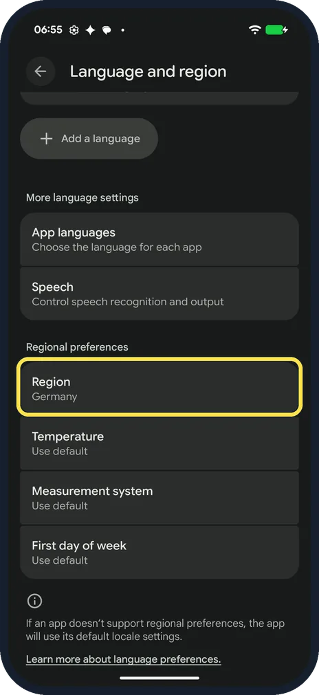 Android screenshot: Set the region