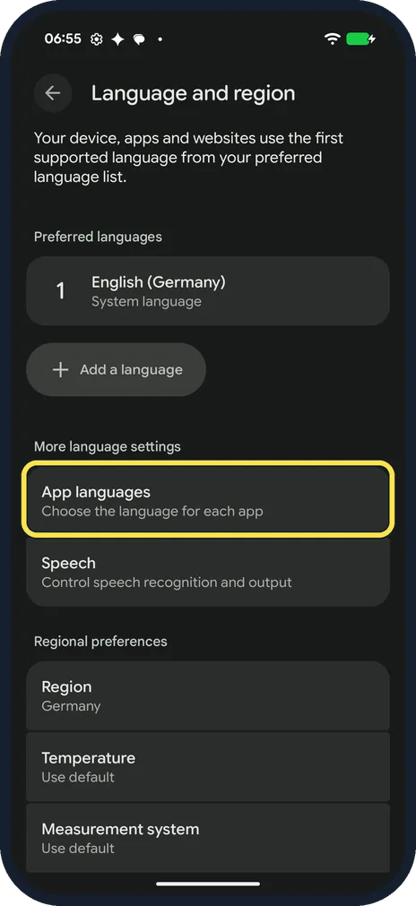 Android screenshot: One app in another language