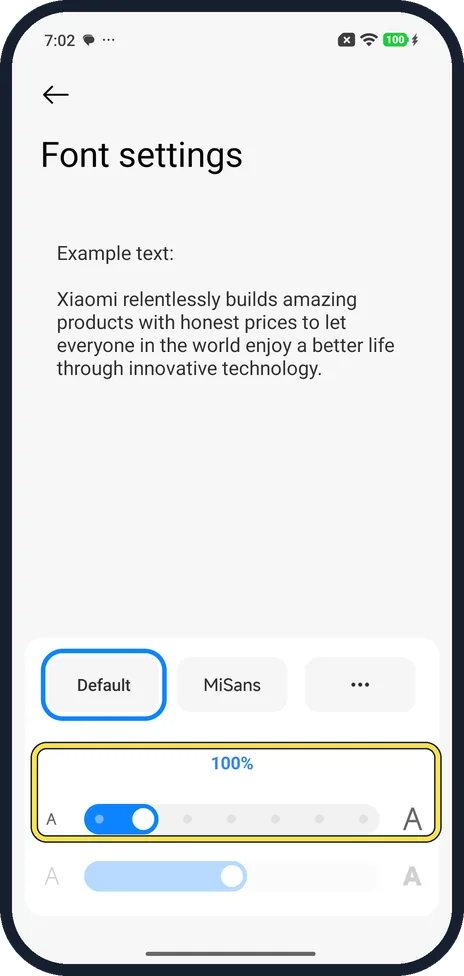 Android screenshot: Drag the size slider