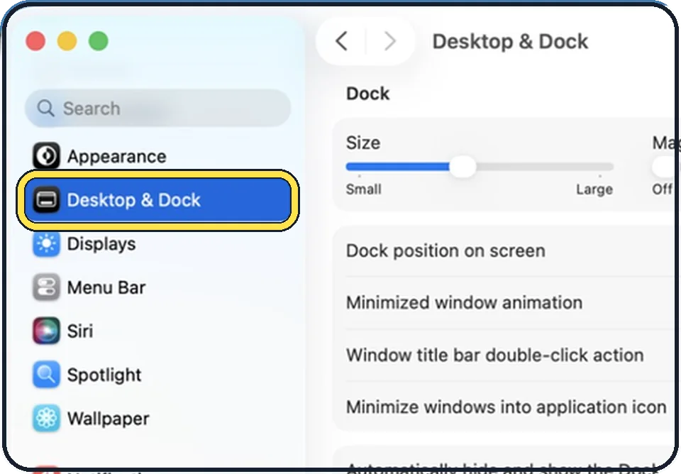 Mac screenshot: Click Desktop & Dock in the sidebar