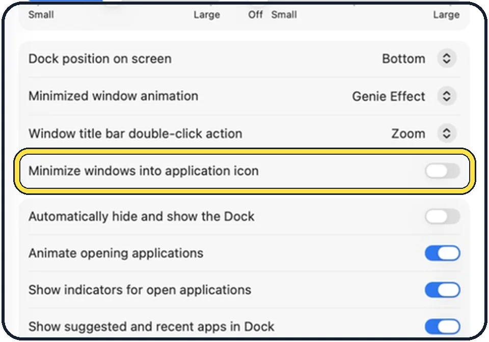 Mac screenshot: Choose where minimised windows go