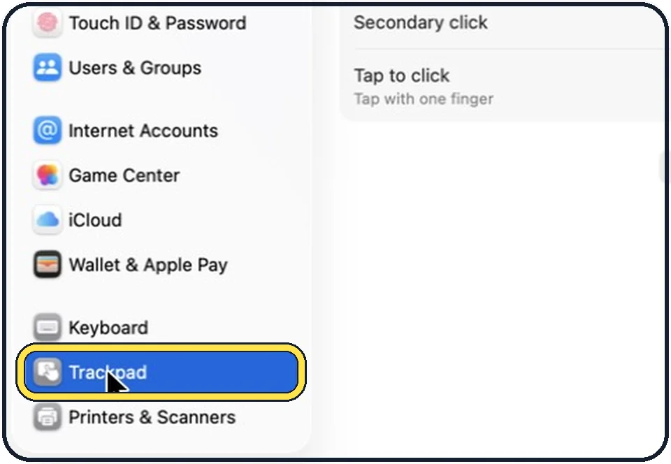Mac screenshot: Click Trackpad in the sidebar