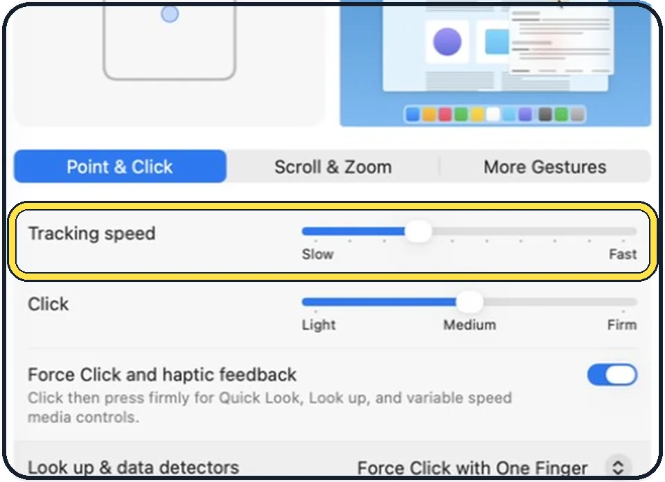 Mac screenshot: Drag the Tracking speed slider