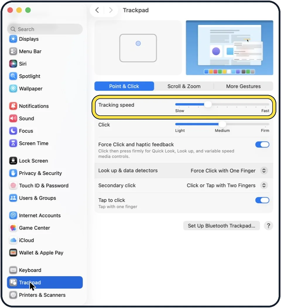 Mac screenshot: Drag the Tracking speed slider