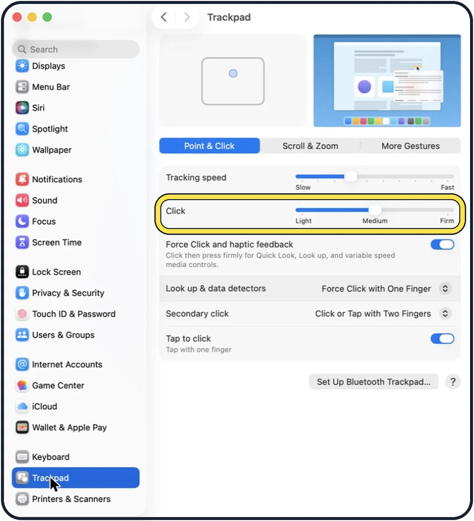 Mac screenshot: Set how firmly you must press
