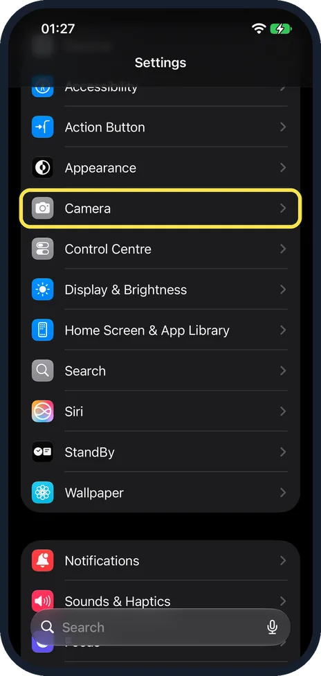 iPhone screen: Open Settings and tap Camera