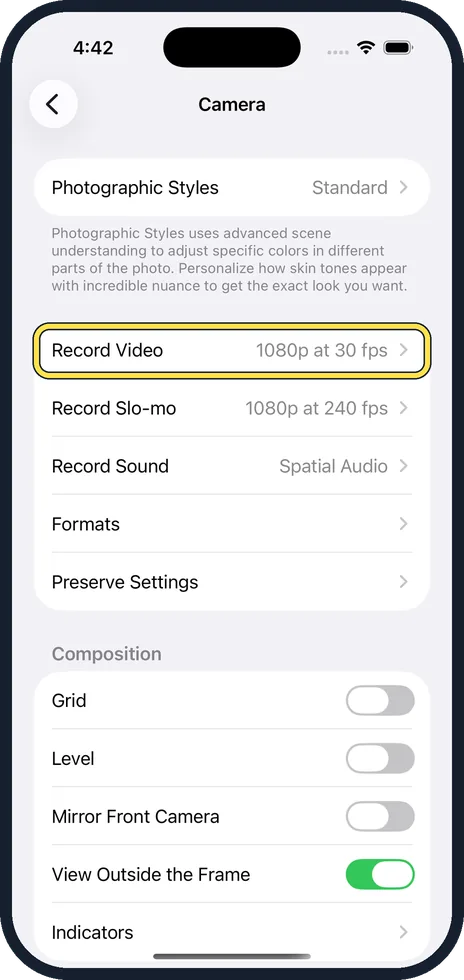 iPhone screen: Tap Record Video
