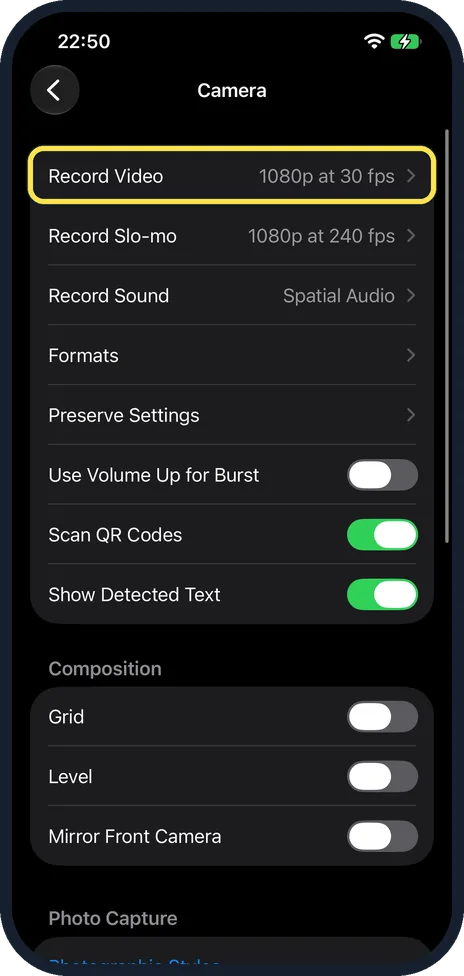 iPhone screen: Tap Record Video