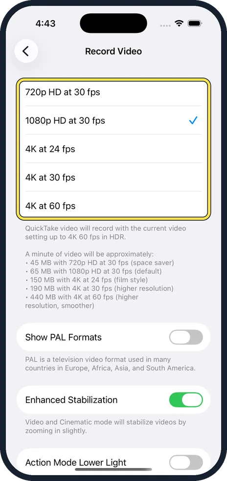 iPhone screen: Tap the resolution and frame rate