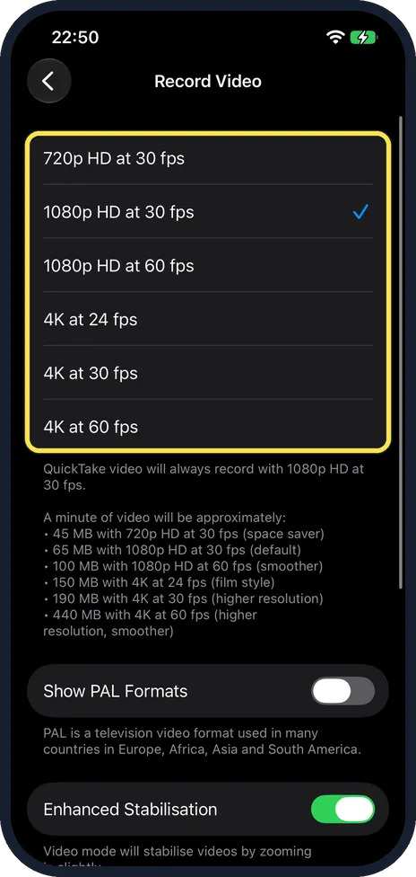 Screenshot from the guide: How to change the video resolution and frame rate on an iPhone