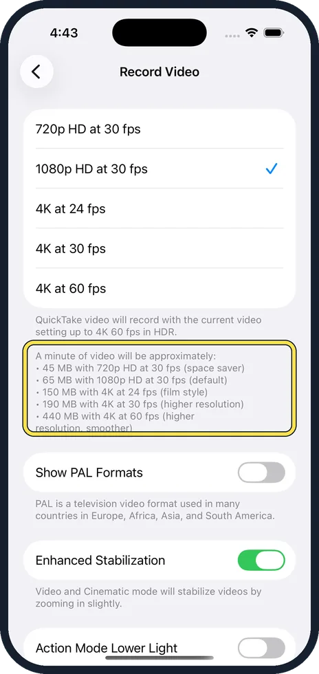 iPhone screen: Check the storage each setting needs