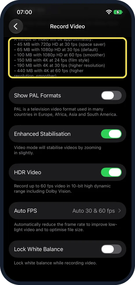 iPhone screen: Check the storage each setting needs