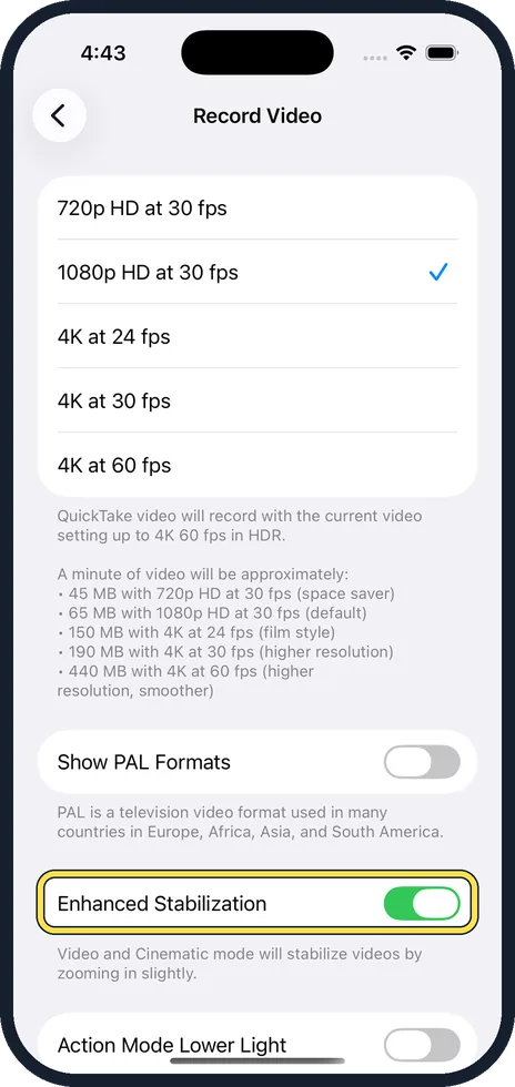 iPhone screen: Leave Enhanced Stabilization on