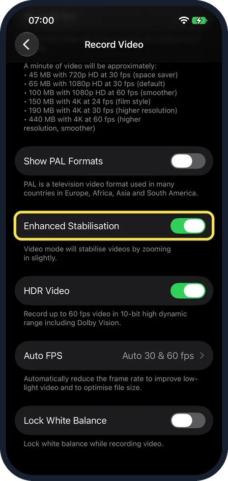 iPhone screen: Leave Enhanced Stabilisation on