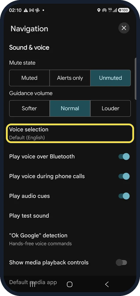 Android screenshot: Tap Voice selection