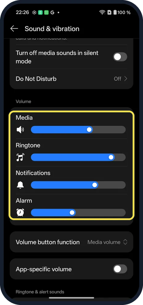 Android screenshot: Set each sound