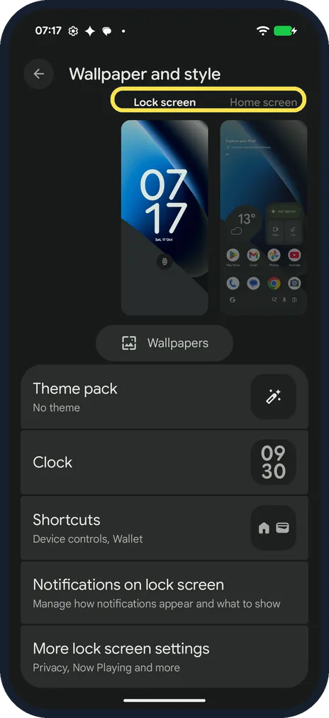 Android screenshot: Pick Lock screen or Home screen