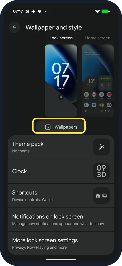 Android screenshot: Tap Wallpapers