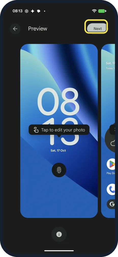 Android screenshot: Tap Next