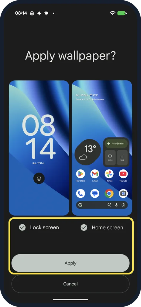 Android screenshot: Choose the screens and tap Apply