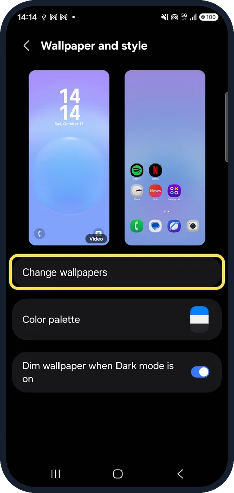 Android screenshot: Tap Change wallpapers