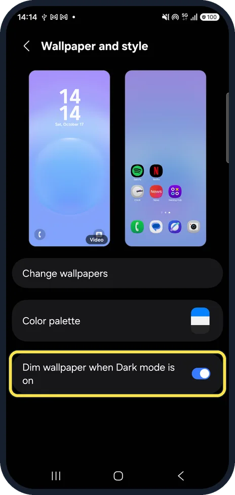 Android screenshot: Dim it in Dark mode