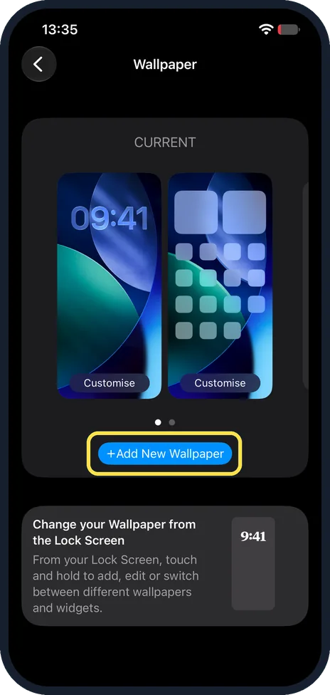 iPhone screen: Tap Add New Wallpaper