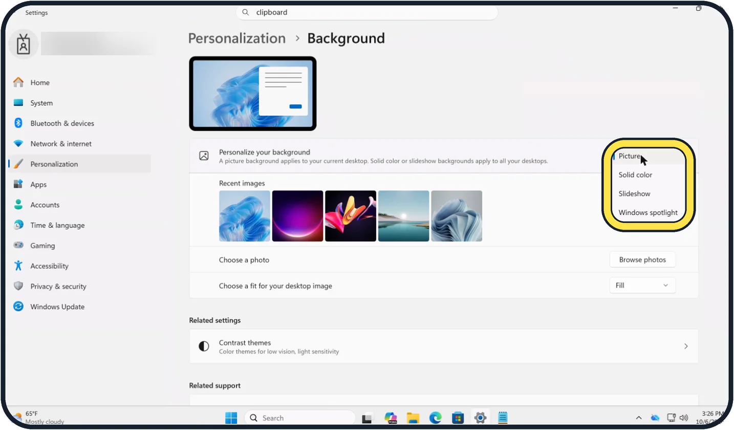 Windows screenshot: Choose the kind of background