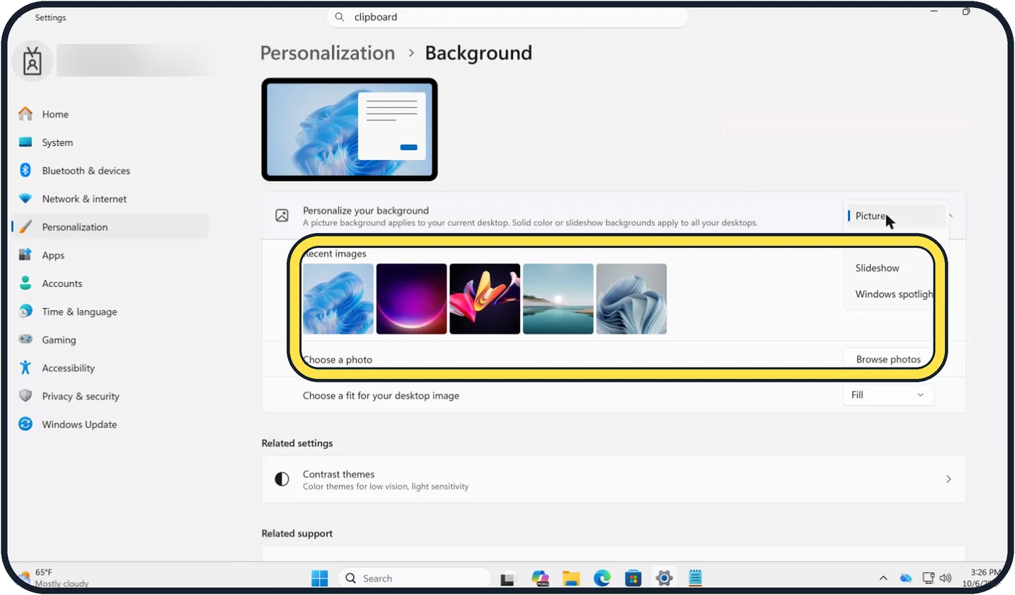 Windows screenshot: Picture: pick an image