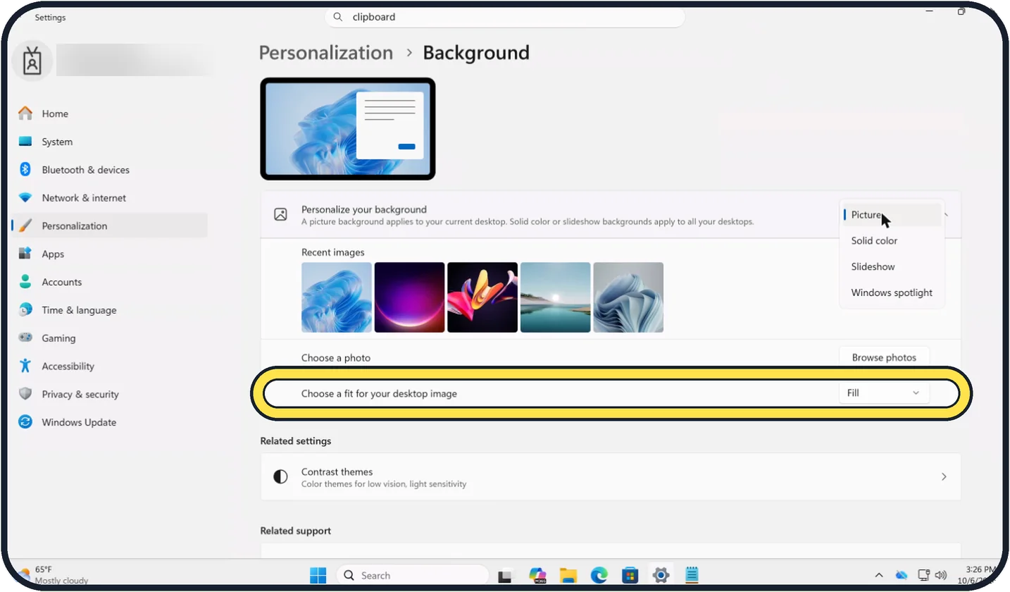 Windows screenshot: Choose how the picture fits