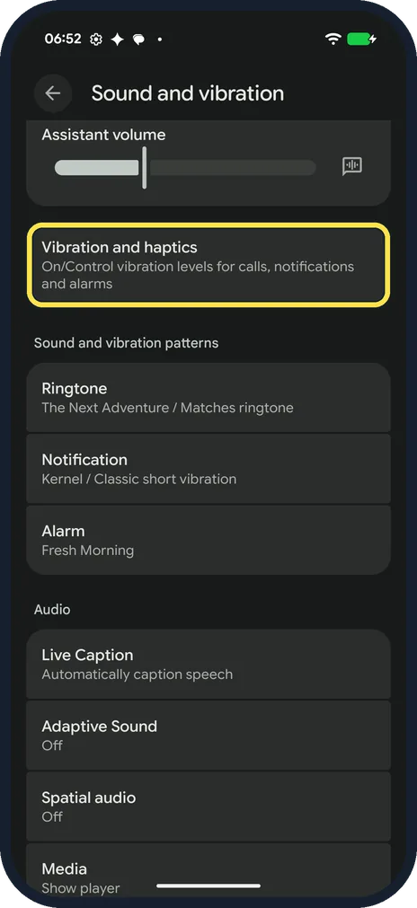 Android screenshot: Open Vibration and haptics