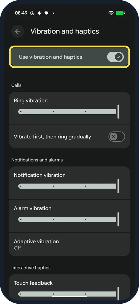 Android screenshot: Use vibration and haptics