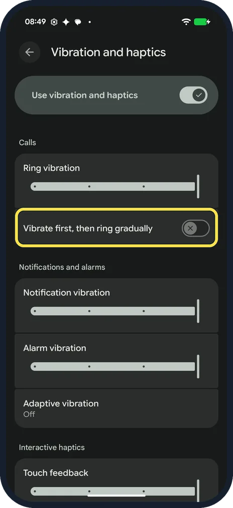 Android screenshot: Vibrate first, then ring gradually