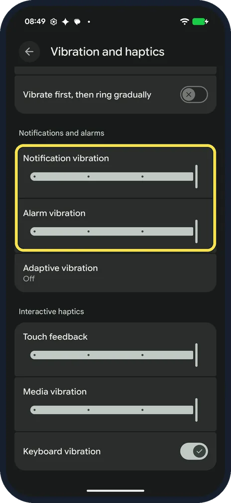 Android screenshot: Notifications and alarms