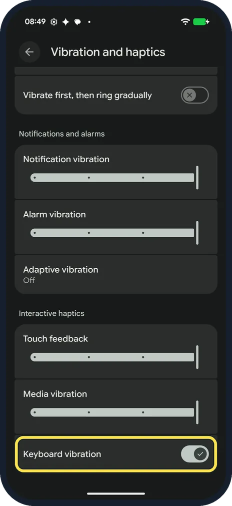 Android screenshot: Keyboard vibration