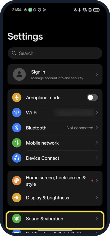 Android screenshot: Open Sound & vibration