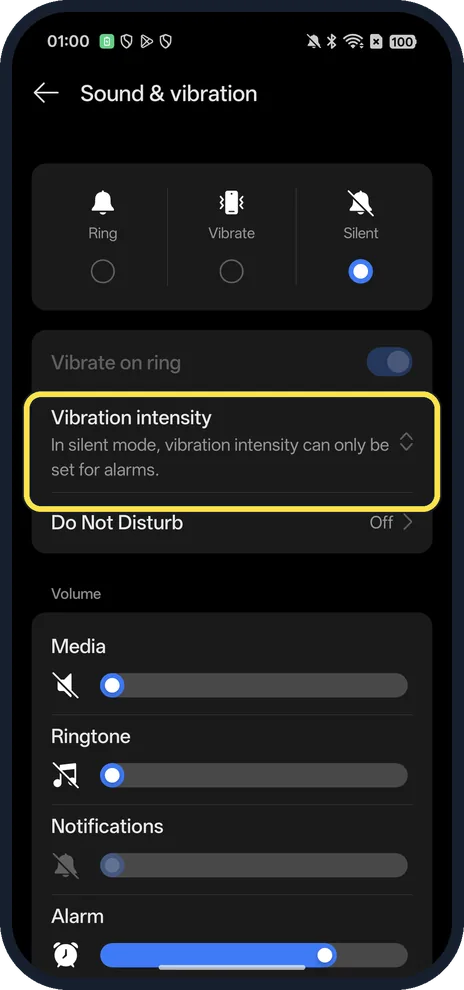 Android screenshot: Tap Vibration intensity