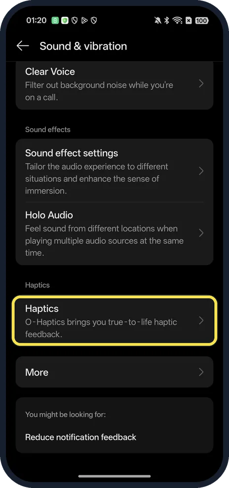 Android screenshot: For touch feedback, tap Haptics