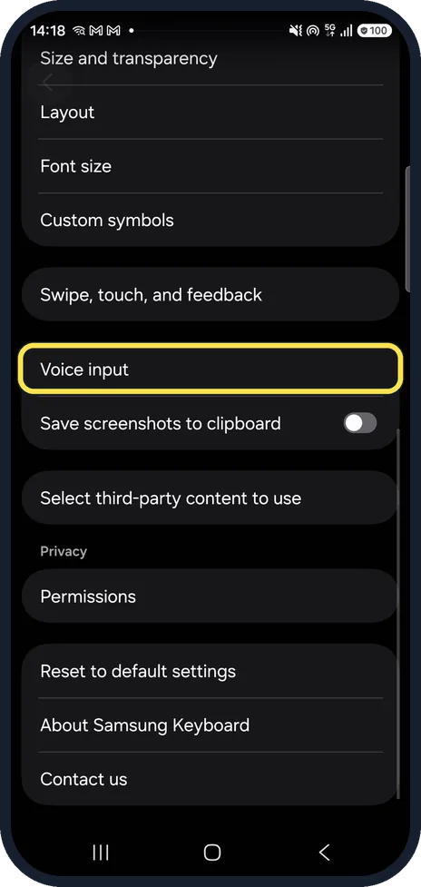 Android screenshot: Tap Voice input