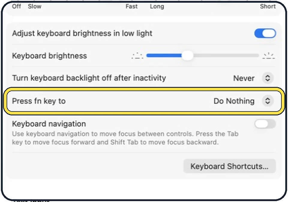Mac screenshot: Click the Press fn key to menu