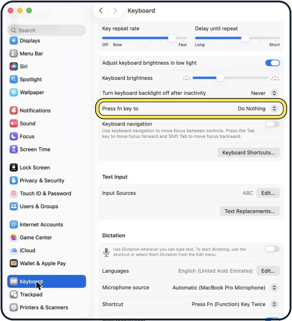 Mac screenshot: Click the Press fn key to menu