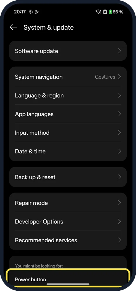 Screenshot from the guide: How to change what the power button does on a OnePlus (OxygenOS 16)