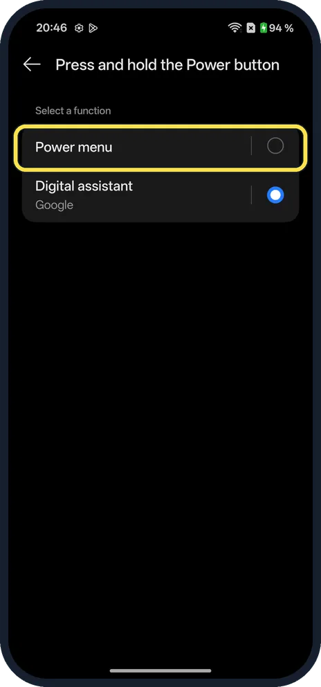 Android screenshot: Choose Power menu