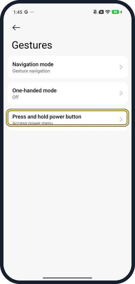 Android screenshot: Tap Press and hold power button