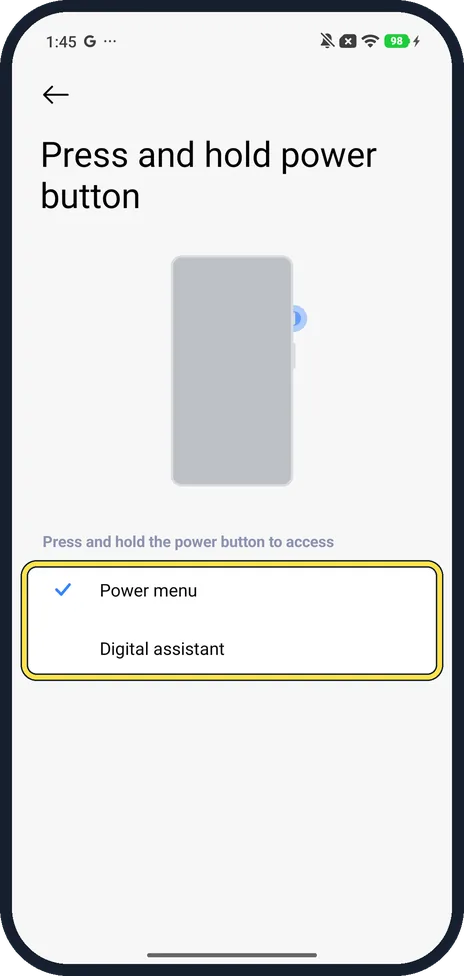 Android screenshot: Choose Power menu or Digital assistant
