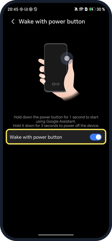 Android screenshot: Turn off Wake with power button